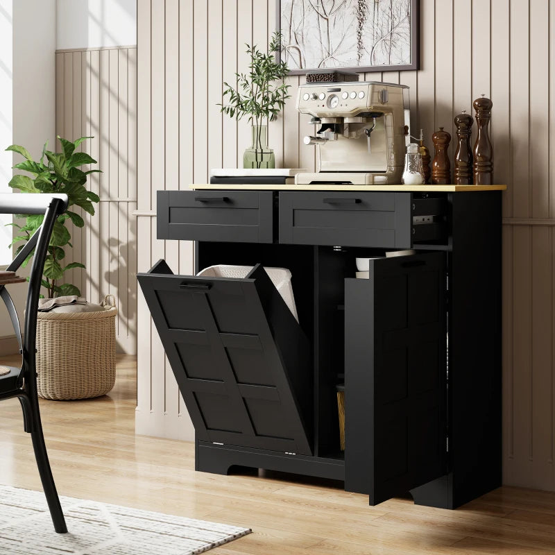 7 Gallon Tilt Out Garbage Cabinet, Kitchen Island with Trash Cabinet, 2 Drawers, Door Racks, Adjustable Shelves, Black