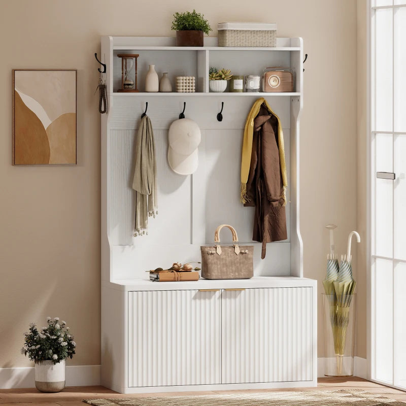 4-In-1 Hall Tree with Shoe Bench, Modern Coat Rack with Open Shelf for Hallway, Entryway, Bedroom, Living Room, White
