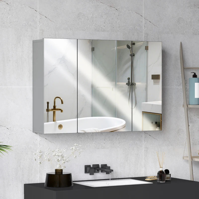 35" x 24" Wall Mounted Mirror Cabinet, Bathroom Medicine Cabinet with Mirror, 3 Doors and Adjustable Shelves, Grey