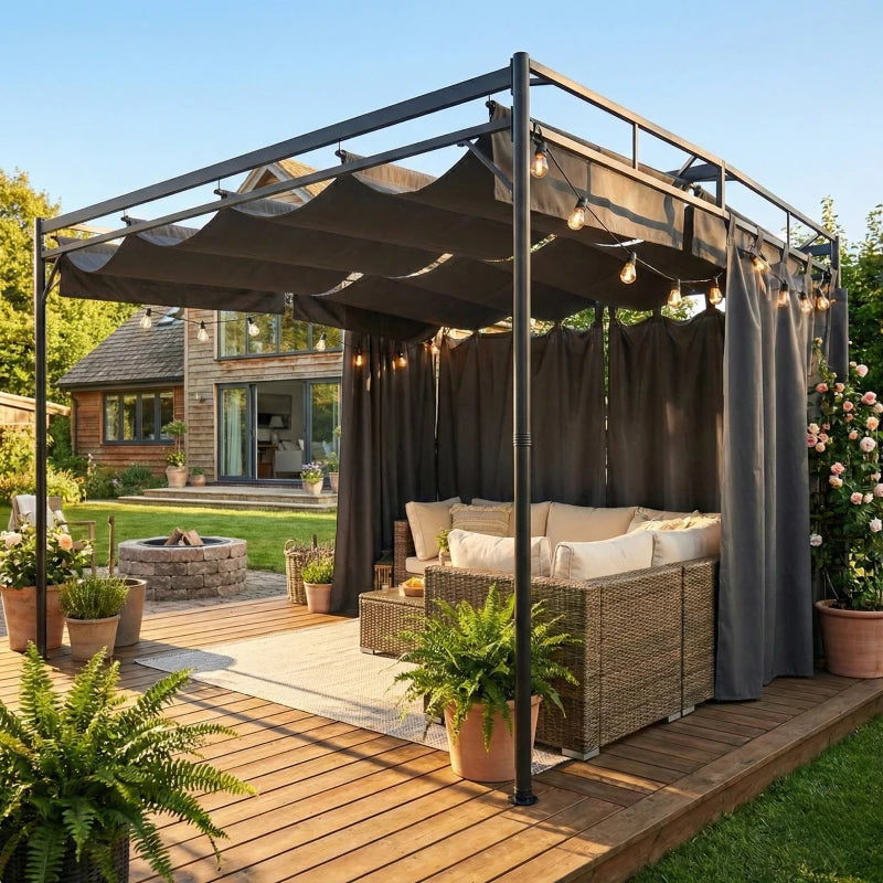 10' x 10' Retractable Pergola Canopy, Outdoor Pergola with Curtains, Metal Garden Gazebo Sun Shade Shelter for Patio