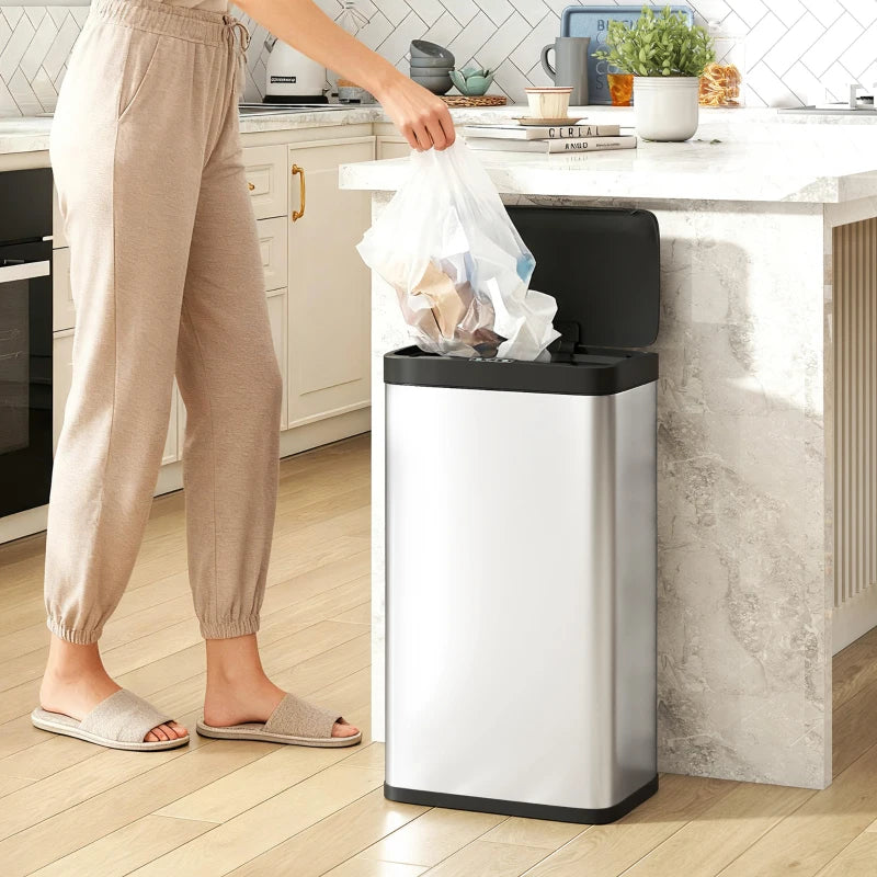 12 Gallon Sensor Can, Automatic Garbage Can with Soft-Close Lid, Fingerprint-Proof Stainless Steel, Silver