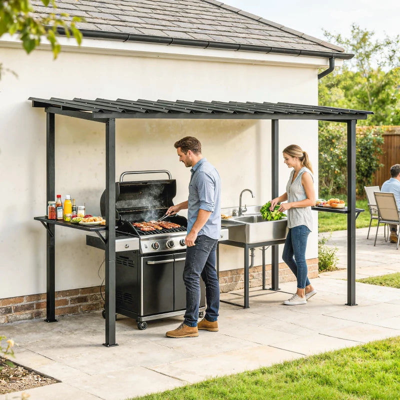 12' x 6' Hardtop Grill Gazebo, BBQ Gazebo with 2 Side Shelves and Galvanized Metal Slope Roof, Black