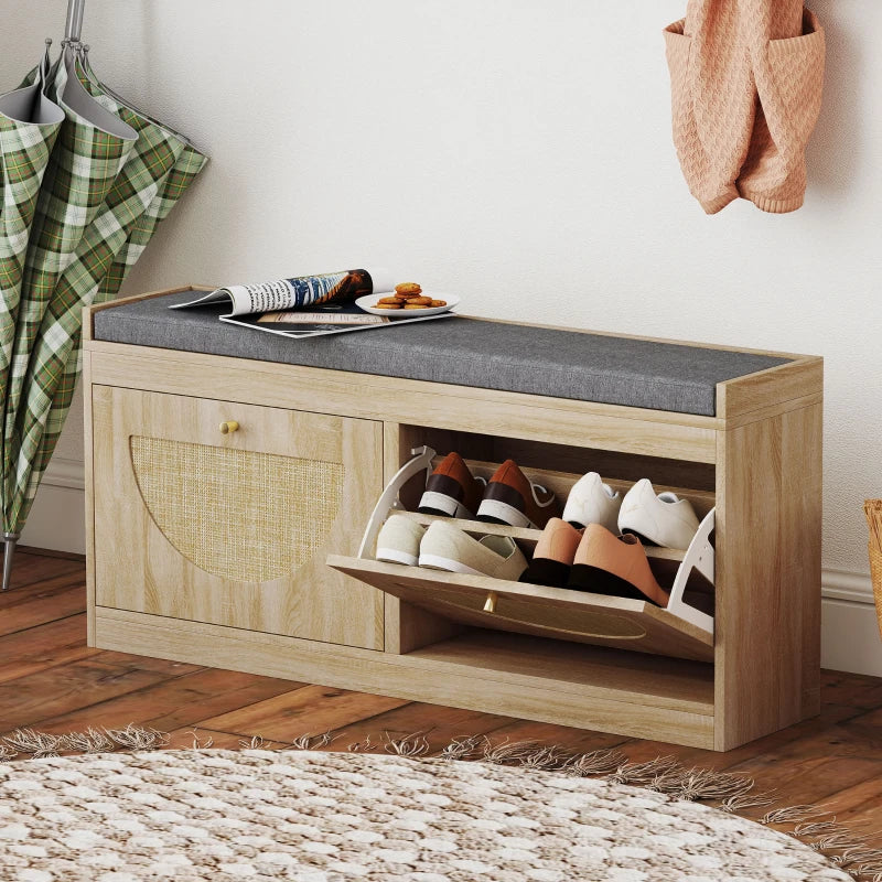 Shoe Bench with Flip Doors, Seat Cushion, Adjustable Shelves for 8 Pairs, Boho Entryway Bench for Bedroom, Natural Wood