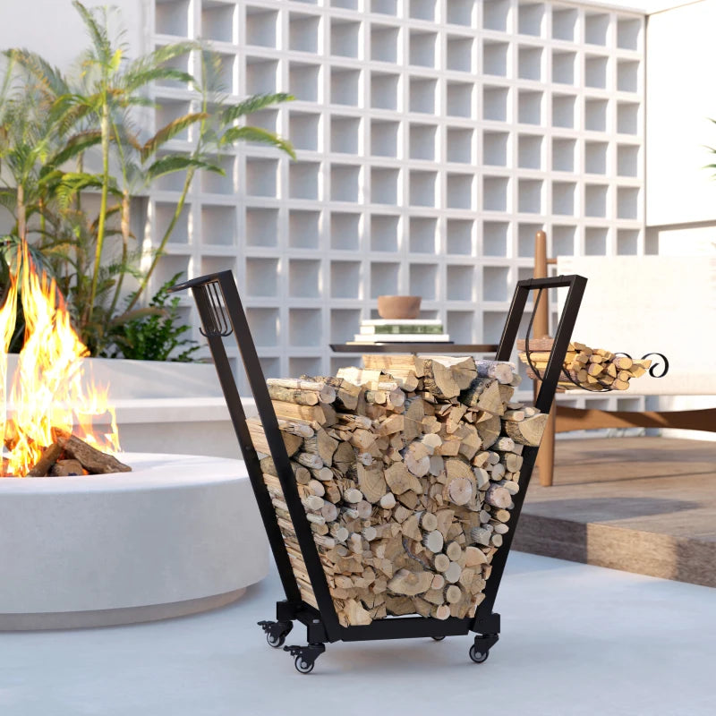 31 Inch Firewood Rack Outdoor, Heavy Duty Log Rack with Swivel Casters, Indoor Fire Wood Holders for Fireplace, Black