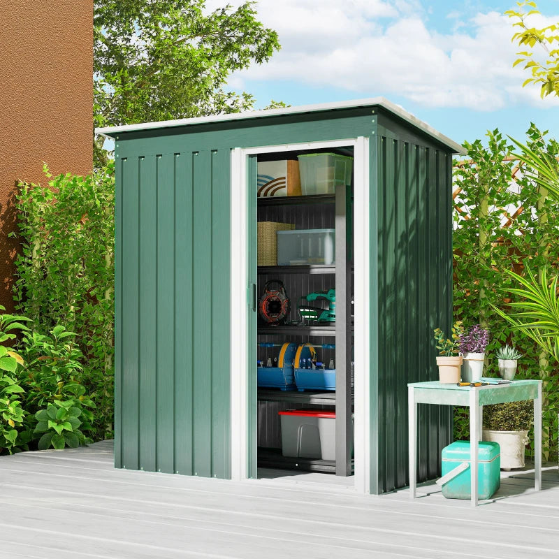 5 x 3 FT Outdoor Storage Shed with Sliding Door and Sloped Roof, Steel Frame Garden Shed Tool Equipment, Green