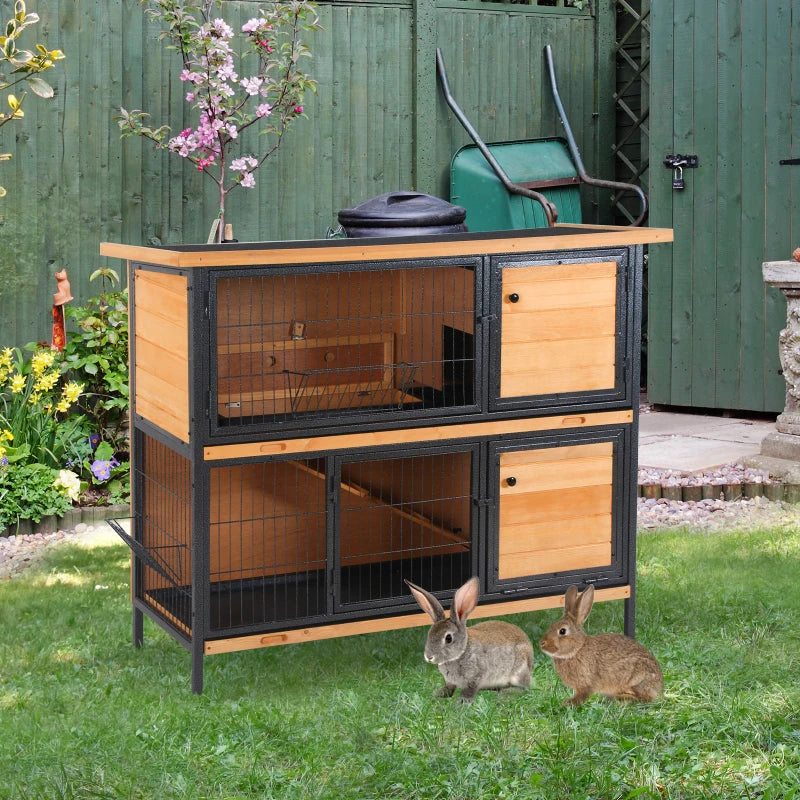 48" 2-Floor Large Rabbit Hutch Wooden Pet House Metal Frame Bunny Cage Small Animal Habitat with Ramp Feeding Trough Lockable Doors Run Area Asphalt Roof for Outdoor Use