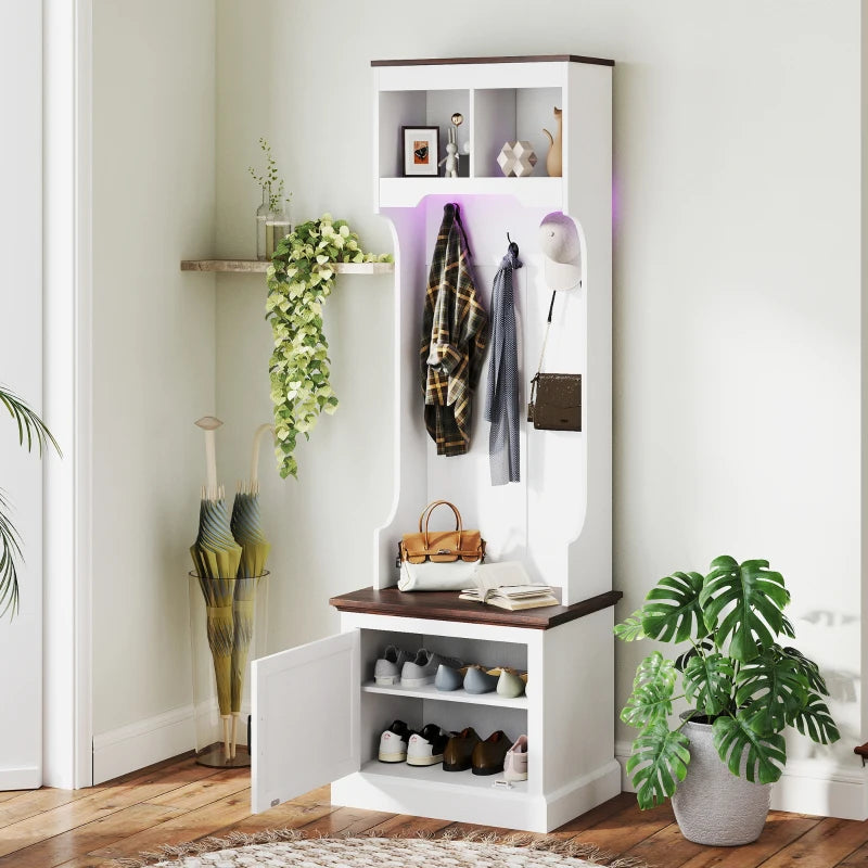 3-in-1 Hall Tree with LED Lights and Bench, Coat Rack with Shoe Storage, White Wood Grain with Light