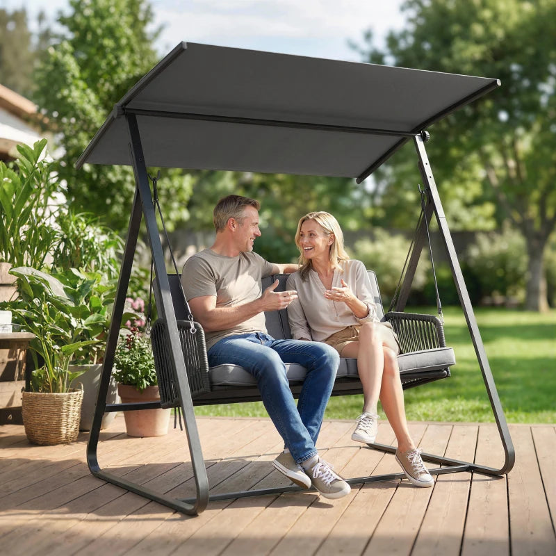 2-Person Outdoor Patio Porch Swing with Adjustable Canopy, Rattan Hanging Swing Bench with Soft Cushions