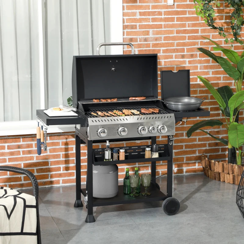 40,000 BTU Propane Gas Grill BBQ Cart with 4 Main Burners, 1 Side Burner, with Warming Rack, Side Prep Tables, Black