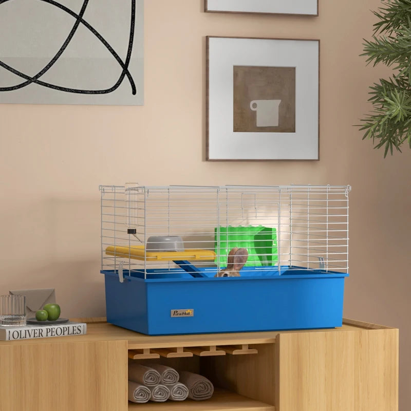 18.5" Small Animal Cage with Water Bottle, Food Dish, Platform, Ramp, Blue