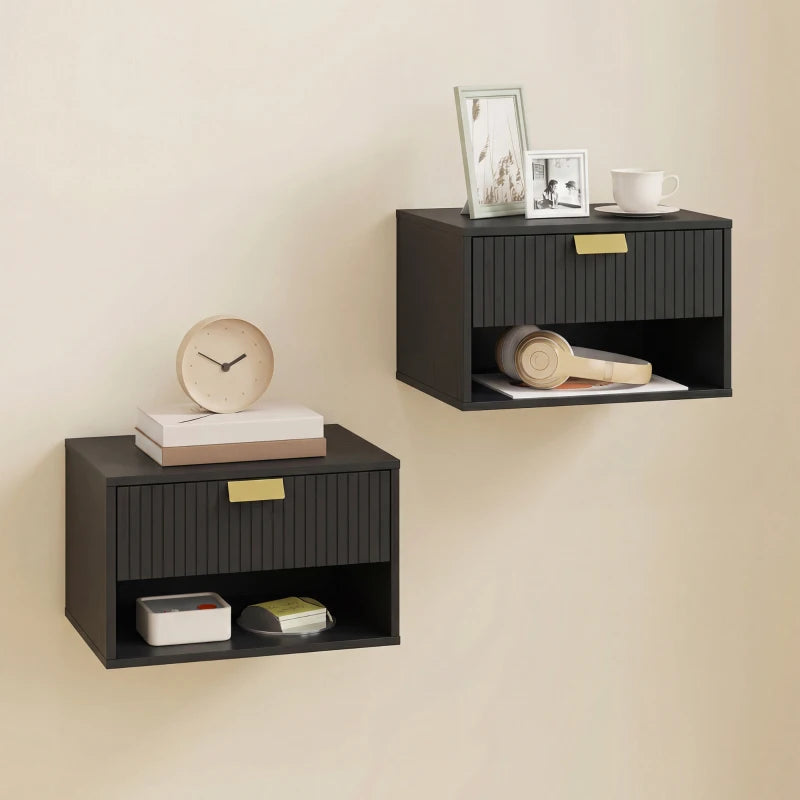 Set of 2 Wall Mounted Bedside Tables, Floating Nightstands with Fluted Drawer and Open Shelf for Bedroom, Black