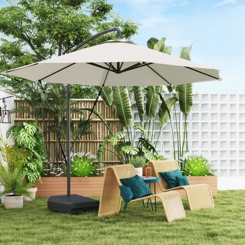 10FT Cantilever Umbrella with Fillable Base, Wind Strap and Cover, Offset Hanging Umbrella with Crank, Cream White