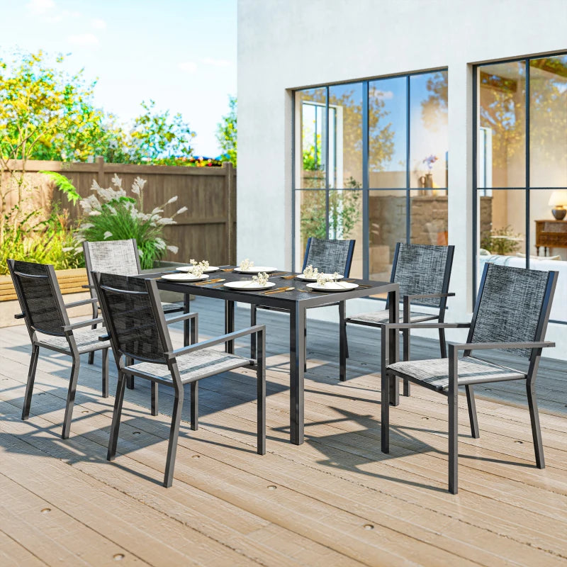 7 Piece Outdoor Dining Set with 6 Stackable Chairs, Rectangle Table, WPC Slatted Top, Rust-Resistant Steel Frame