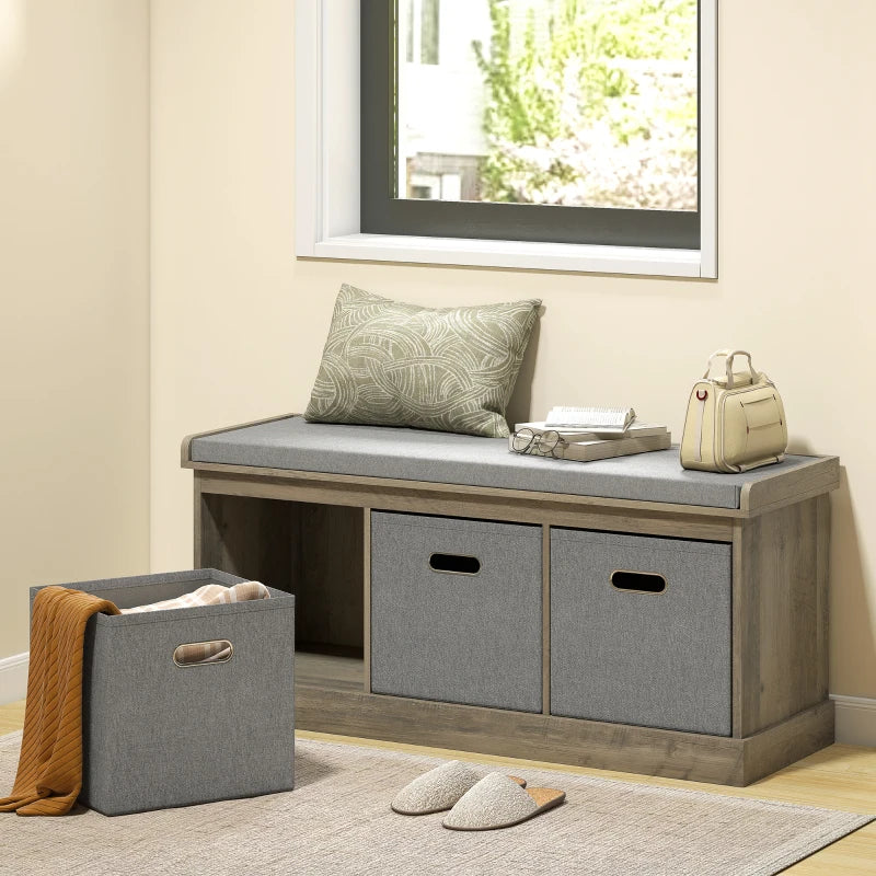 Shoe Storage Bench with Seat, Entryway Bench Seat with Cushion, 3 Fabric Drawers for Hallway, Washed Grey