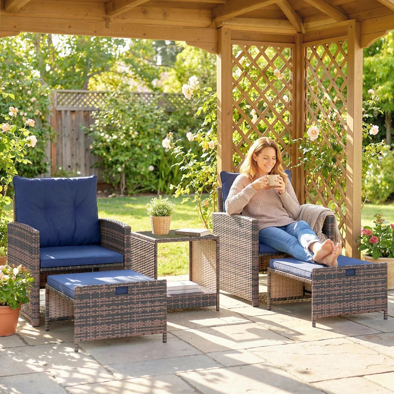 5 Piece Patio Furniture Set, Wicker Patio Chairs with Ottomans, 2-Tier Glass Coffee Table and Cushions, Brown/Dark Blue