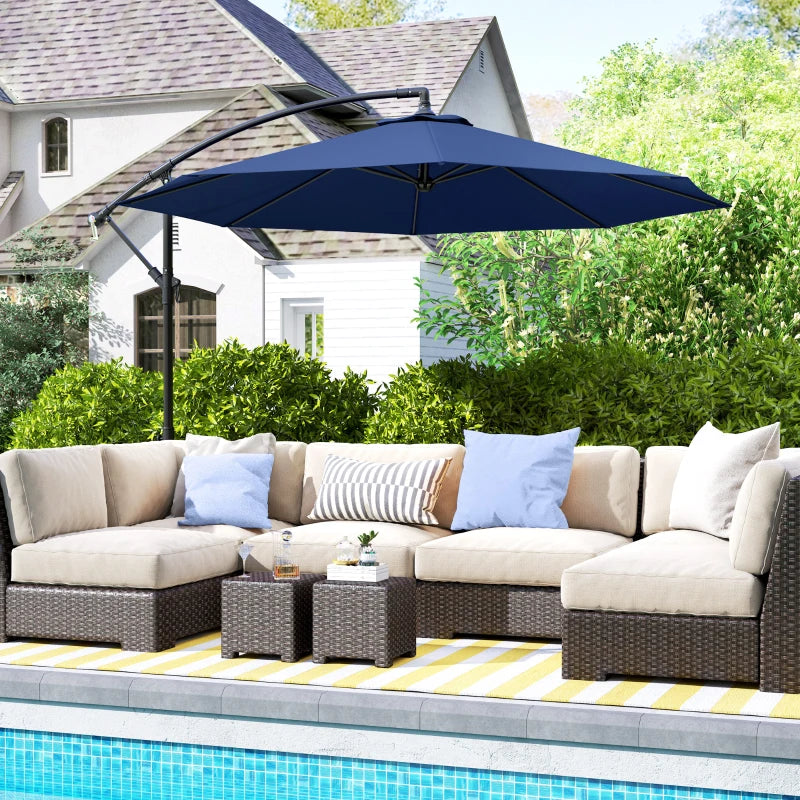 10' Deluxe Patio Umbrella, Outdoor Market Parasol, Banana Hanging Offset Sunshade with Crank, Cross Base, Navy Blue
