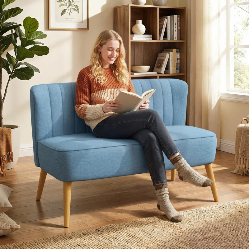 2 Seat Sofa, Upholstered Loveseat Sofa with Rubber Wood Legs, Blue