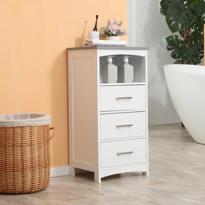 Small Bathroom Storage Cabinet, Floor Cabinet with 3 Drawers and Open Component, Narrow Bathroom Cabinet, White