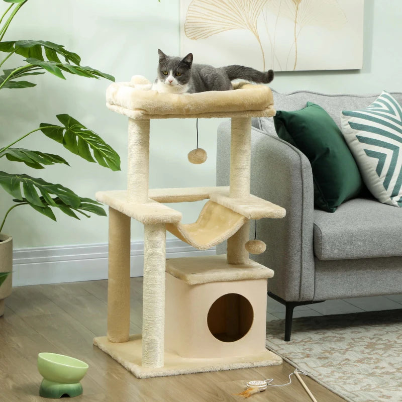 39.25'' Cat Tree Tower Multi-Level Kitten House with Scratching Post Condo Hammock Bed Ball Toy - Beige