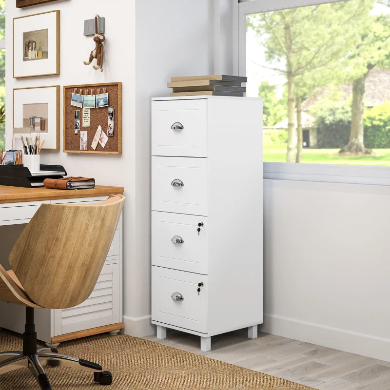 4 Drawer File Cabinet with Lock, Office Filing Cabinet, A4 Letter Size, Hanging File Folders, White