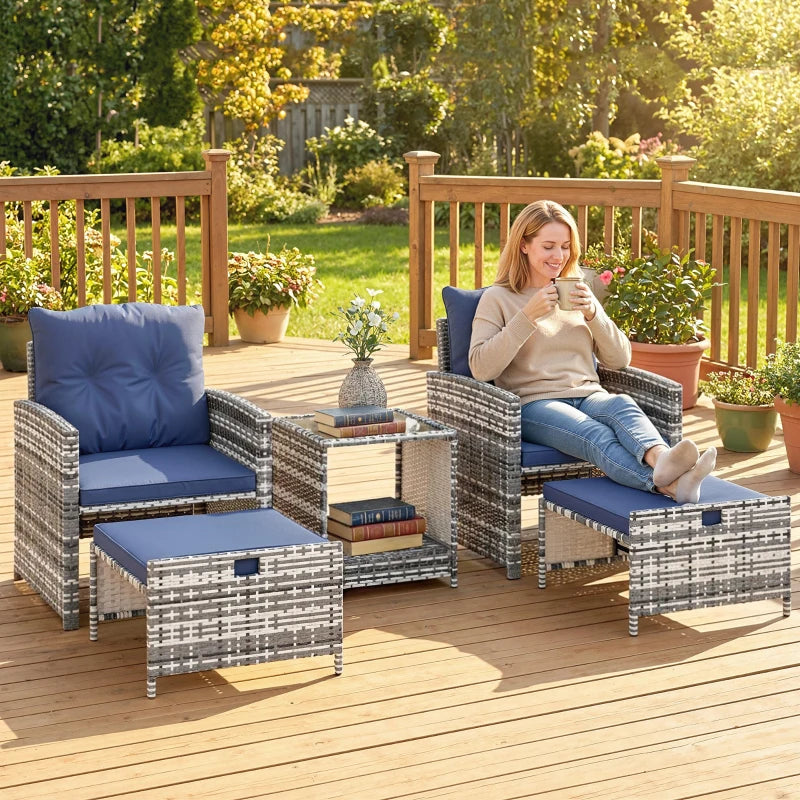 5 Piece Patio Furniture Set, Wicker Patio Chairs with Ottomans, 2-Tier Glass Coffee Table and Cushions, Grey/Dark Blue