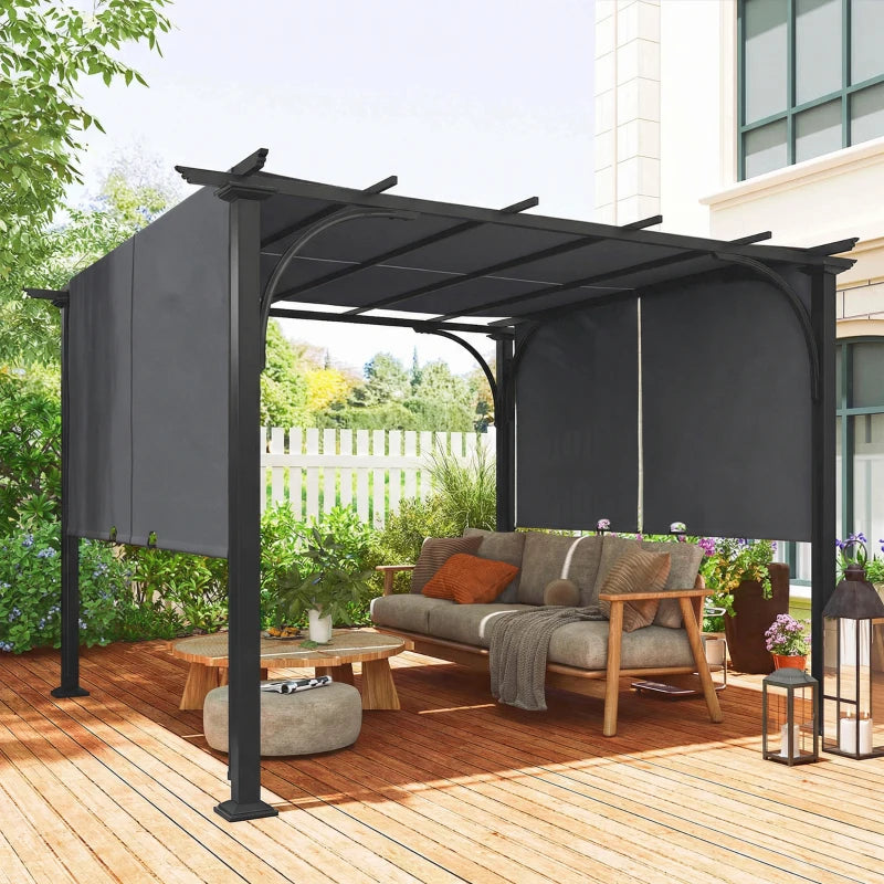 10' x 10' Retractable Pergola Canopy, UPF50+ Outdoor Metal Pergola Gazebo Sun Shade Shelter with Steel Frame, Dark Grey