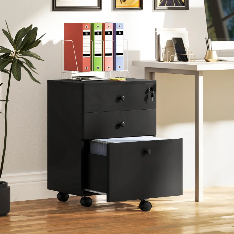3-Drawer Small Filing Cabinet with Lock, Vertical Office Storage Cabinet with Wheels for Home Office, Black