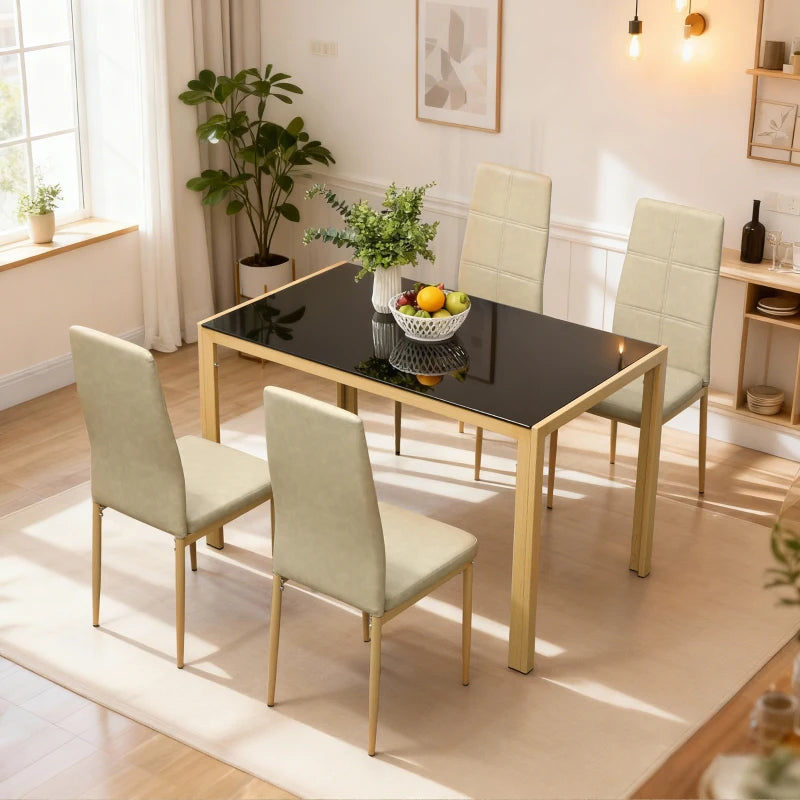 3-Piece Rectangular Glass Kitchen Table and Chairs with Metal Frame and Faux Leather Upholstery for Dining Room
