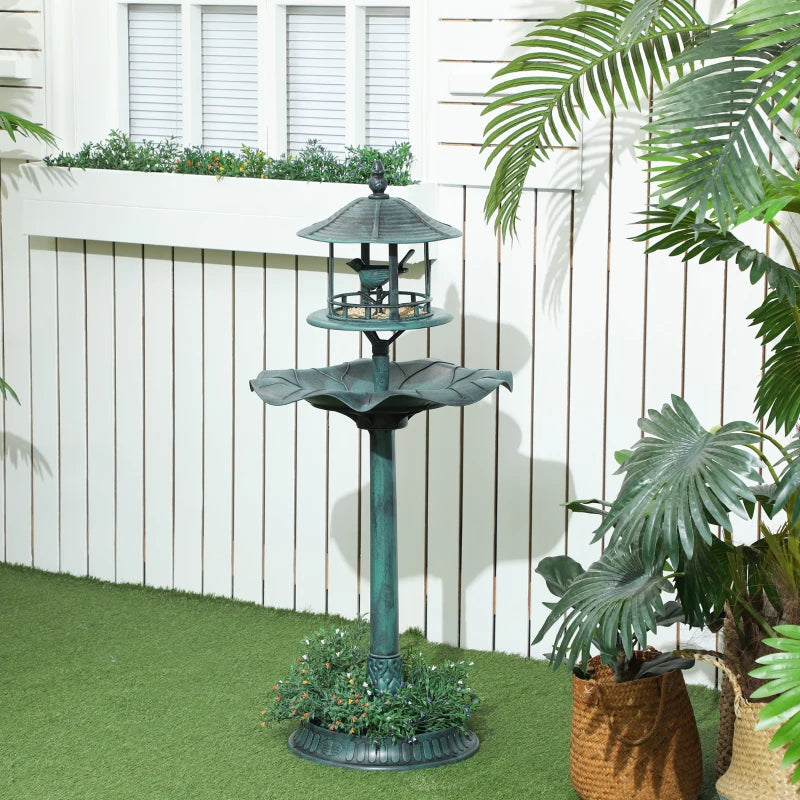 3-in-1 Garden Bird Bath Bowl Pedastal with Large Water Basin, Bird Feeder & Underneath Flower Planter, Green