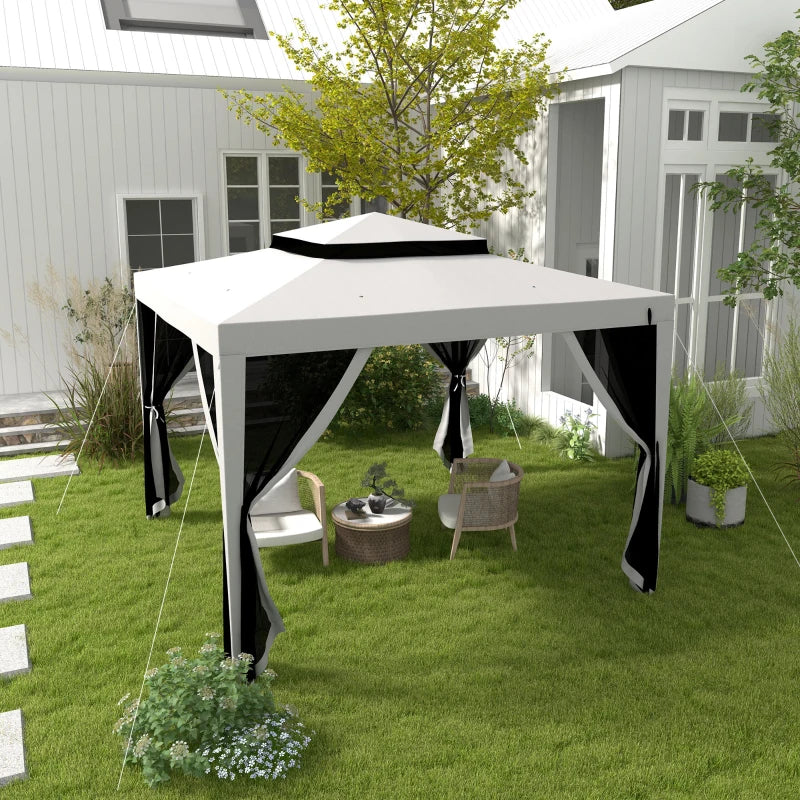 10' x 10' Outdoor Canopy Tent Party Tent with Mesh Netting and Double Tier Roof for Backyard, Garden, Patio, Grey