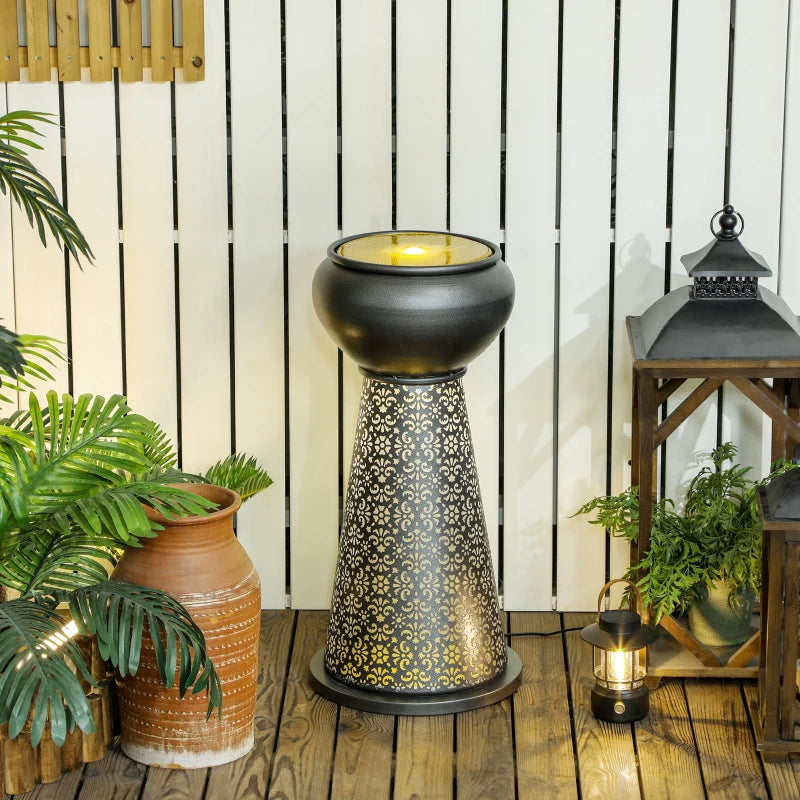 28" Tall Outdoor Water Fountain with LED Lights, Bowl Garden Waterfall Fountain with Adjustable Flow, Outdoor Water Feature with Cut-out Floral Base, Dark Grey and Yellow