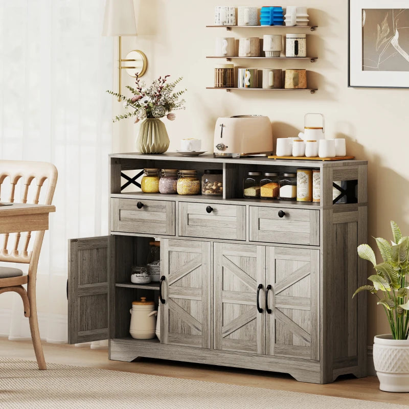 Sideboard, Buffet Cabinet with 4 Barn Doors and 3 Drawers, Coffee Bar Cabinet with Adjustable Shelves, Grey
