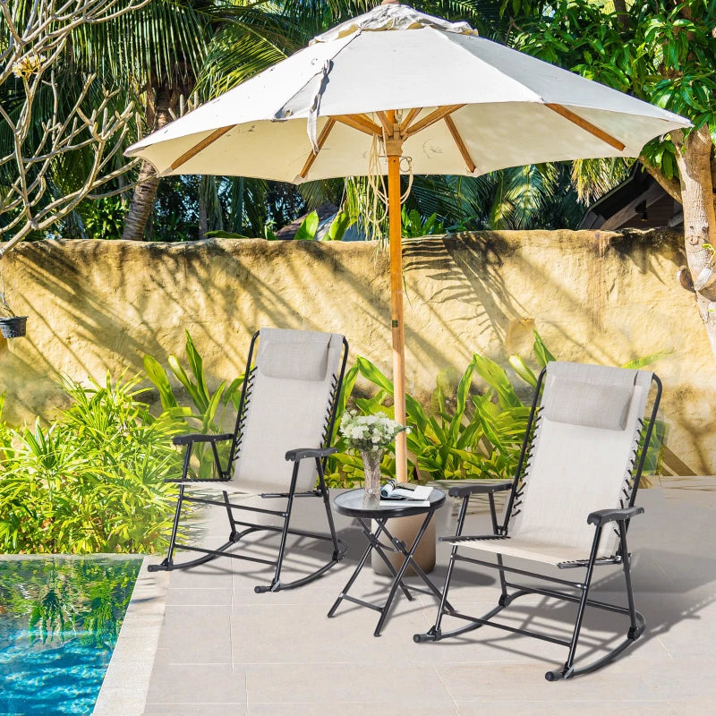 3pc Patio Rocking Chair Set, Folding Outdoor Rocking Chairs and Table Bistro Set w/ Breathable Mesh Seat & Backrest, Headrest for Park, Backyard, Garden, Cream White