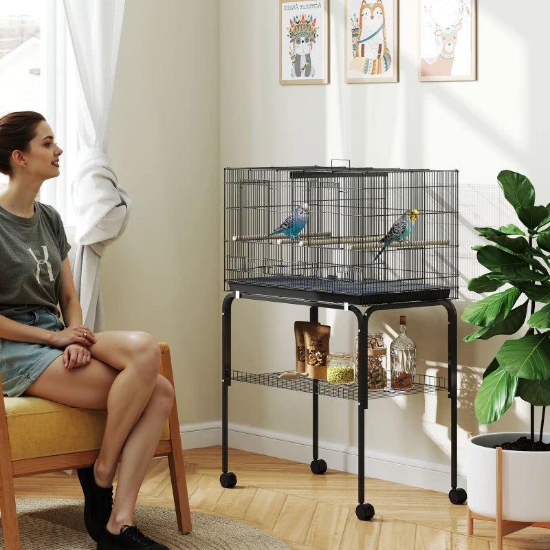 46" H Bird Cage, Large Parakeet Cage for Budgie, Lovebird, Canary, Finches with Divider, Black