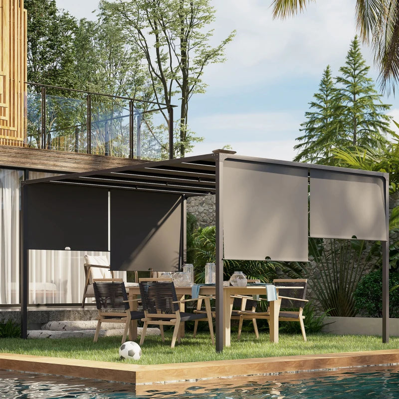 10' x 13' Outdoor Patio Pergola with Sliding Roof, LED Lights, Solar Powered for Garden, Lawn, Backyard, Dark Grey
