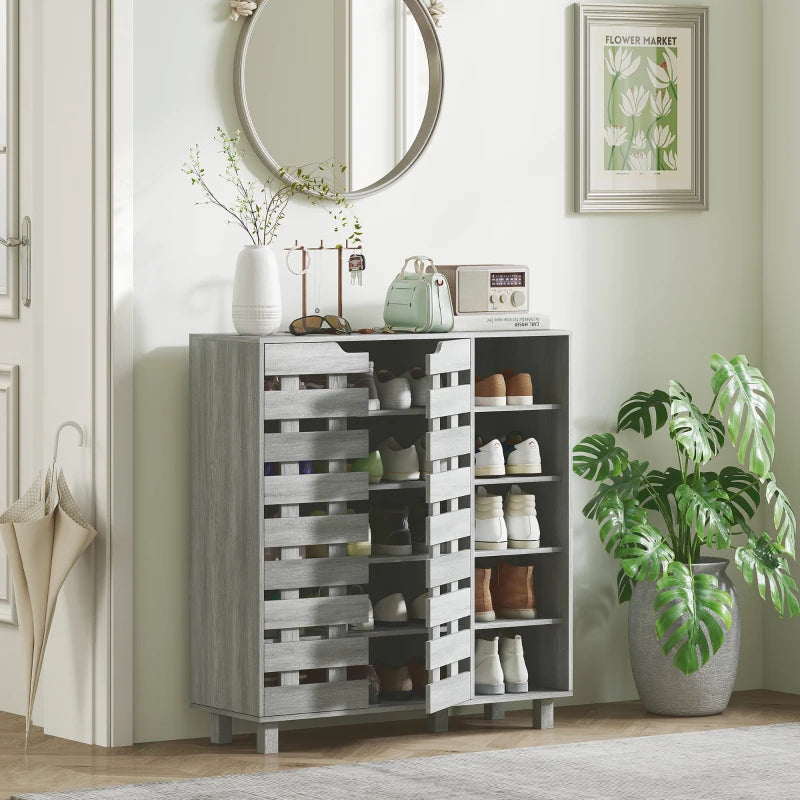 Shoe Cabinet, 21 Pair Shoe Storage Cabinet Organizer with 5-tier Double Door Cabinet and 5-tier Open Shelves, Light Grey