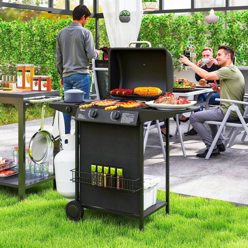 2+1 Burner Propane Gas BBQ Grill, Portable Gas Barbecue Grill with Side Burner, Thermometer, Lid, Side Table, Shelf, Spice Rack, Wheels, Grease Cup for Garden, Black