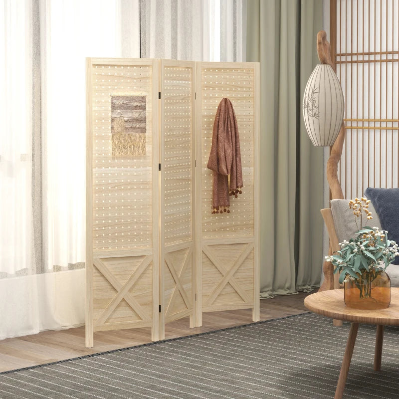 4.7' 3 Panel Wooden Room Divider with Pegboard Display, Folding Privacy Screen for Home Office, Natural