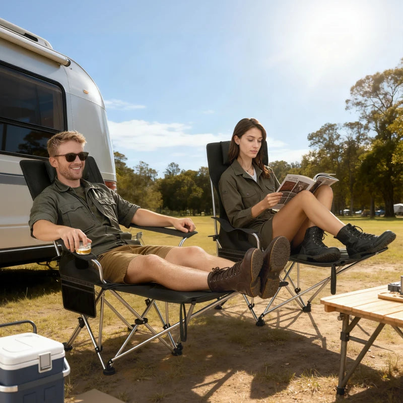 Set of 2 Reclining Camping Chair with Foot Rest, Folding Camping Chair w/ Headrest, Cup Holder, Storage Bag, Black