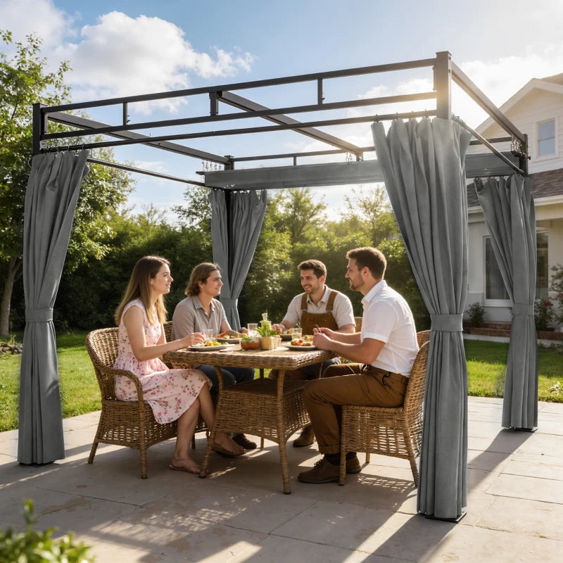 10' x 10' Outdoor Gazebo, Retractable Pergola Canopy with Curtains, UPF30+ Free Standing Metal Pergola Kit, Dark Grey
