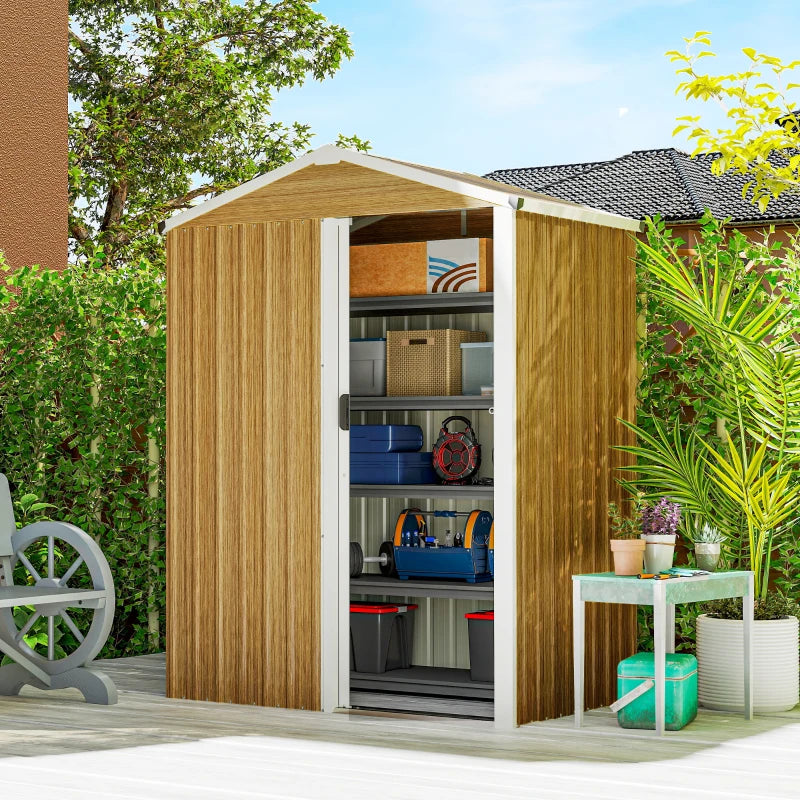 4.5 x 3ft Outdoor Storage Shed, Waterproof Metal Garden Shed with Lockable Door for Backyard, Patio, Lawn, Wood Grain