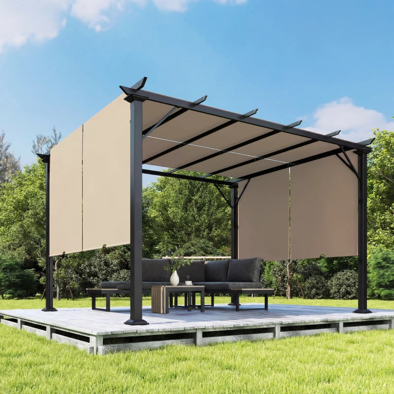 12' x 10' Outdoor Patio Gazebo Pergola with Retractable Canopy Roof, Steel Frame with Stakes, Light Brown