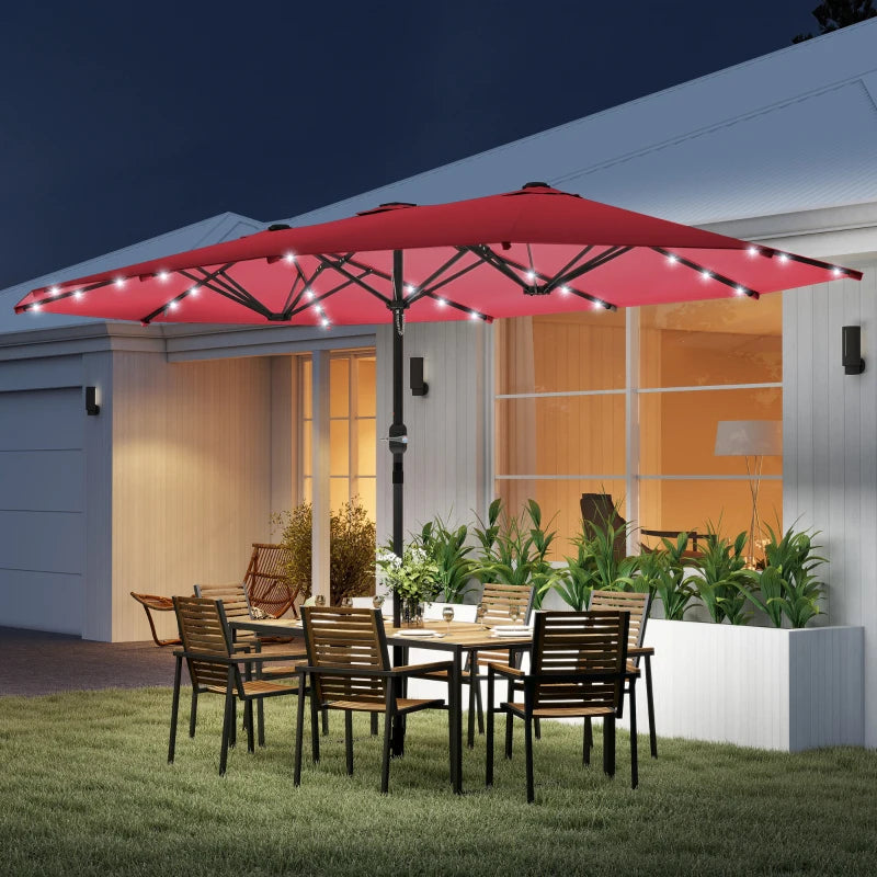 173.2" Double-Sided Sun Umbrella Garden Parasol Patio Sun Shade Outdoor with LED Solar Light, No Base Included, Wine Red