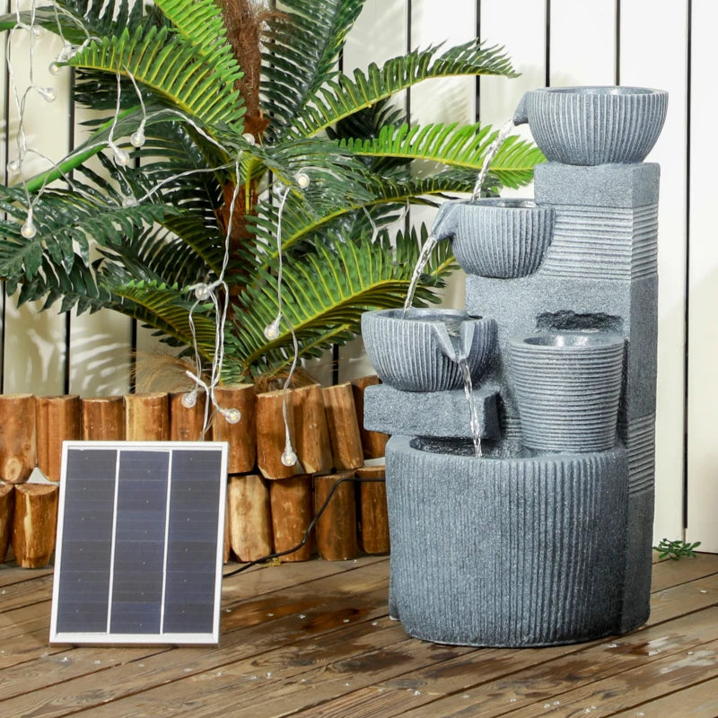 Solar Powered Outdoor Water Fountain, 4-Tier Floor Standing Resin Cascading Bowls Waterfall Fountain with LED Lights