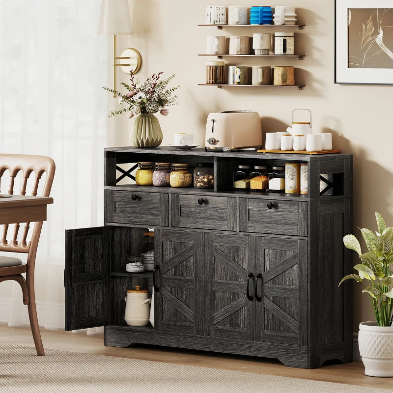 Sideboard, Buffet Cabinet with 4 Barn Doors and 3 Drawers, Coffee Bar Cabinet with Adjustable Shelves, Dark Brown