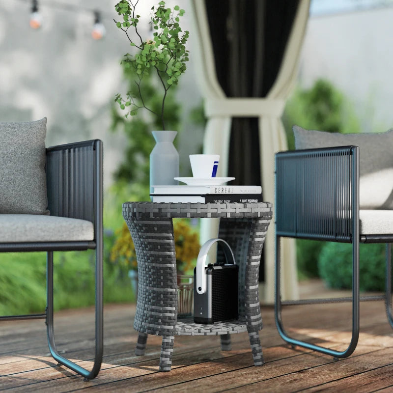 18" Wicker Outdoor Coffee Table, PE Rattan Patio Side Table with 2-Tier Storage, Composite Wood Top, Grey