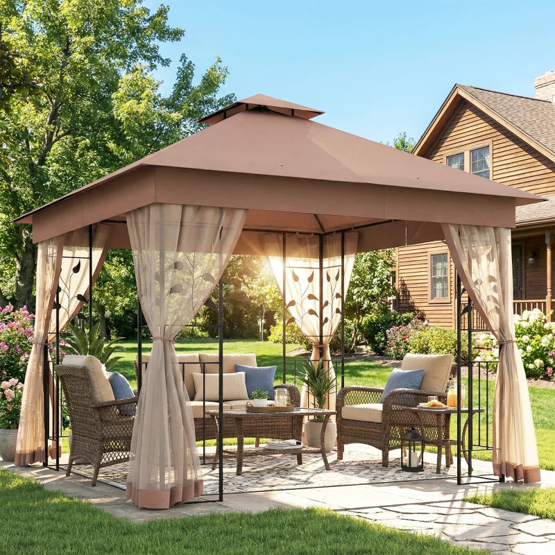 10'x10' Soft-top Steel Patio Gazebo Outdoor Sun Shelter with 2-Tier Polyester Roof, Curtain Sidewalls, Dark Brown