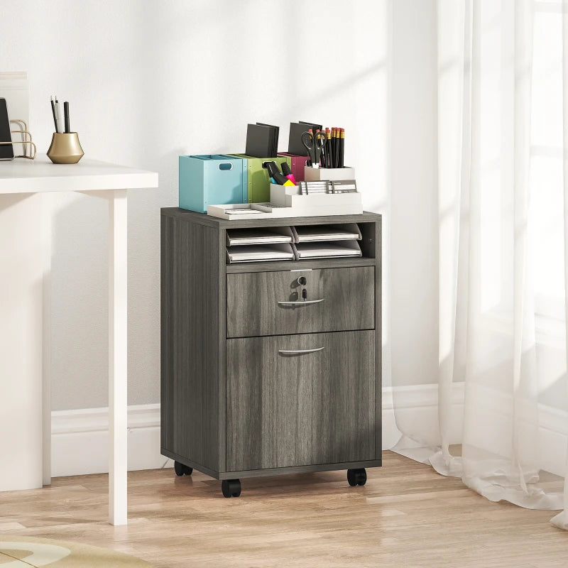 24" Filing Cabinet with Open Compartment, Lockable Drawer and Wheels, Home Office Storage Cabinet, Distressed Grey