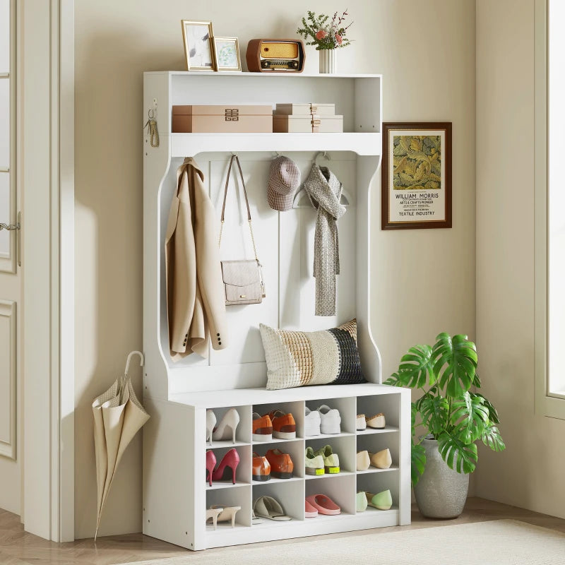 4-In-1 Hall Tree with Bench and Shoe Storage, Farmhouse Coat Rack Shoe Bench with 12 Shoe Cubbies, 6 Hooks, White