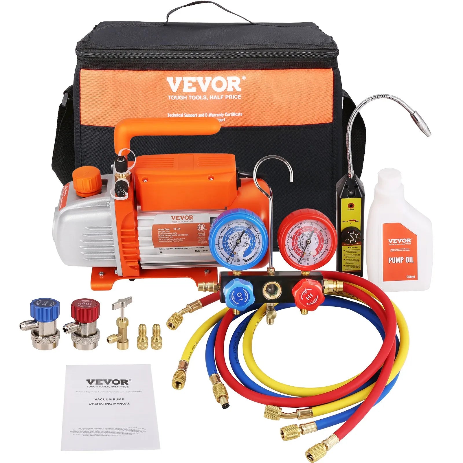 VEVOR 1/4 HP 4 CFM AC Vacuum Pump and Gauge Set, Single Stage Rotary Vane HVAC Air Vacuum Pump A/C Refrigerant Kit Manifold Gauge Set, with Three-Color Hose Carry Bag, Applicable to R134a, R410a